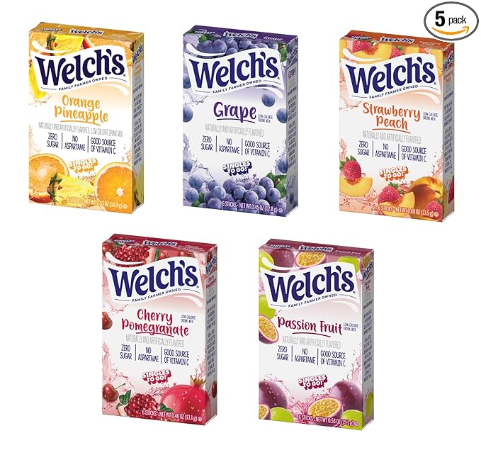 Welch's 5 Pack Variety - One of Each Flavor - Orange Pineapple, Cherry Pomegranate, Grape, Strawberry Peach, and Passion Fruit - Singles To Go