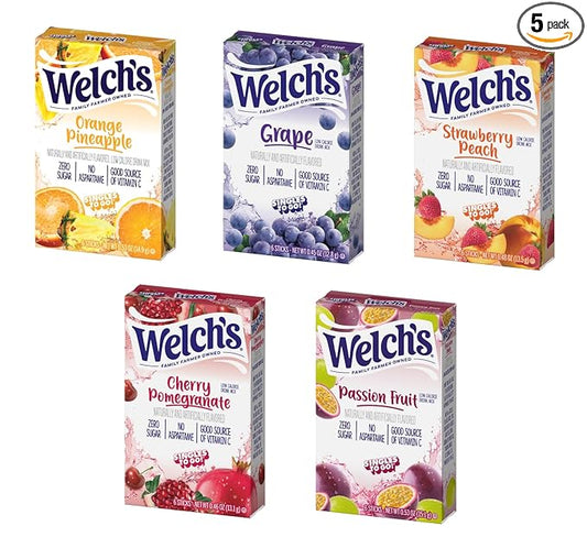 Welch's 5 Pack Variety - One of Each Flavor - Orange Pineapple, Cherry Pomegranate, Grape, Strawberry Peach, and Passion Fruit - Singles To Go
