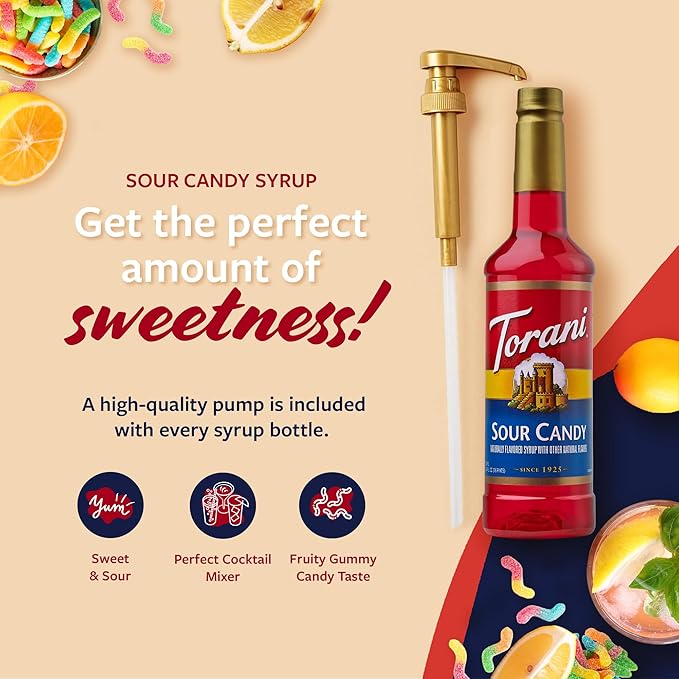 Torani Sour Candy Syrup for Drinks, Flavoring for Iced Tea, Lemonade, Sodas, and Cocktails, Pump Included, 25.4 Oz