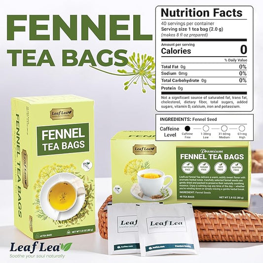 LeafLea 40 Fennel Tea Bags, 100% Natural & Pure Fennel Seed Tea, Gentle Digestion & Fresh Breath, Mild Sweet Finish, Caffeine-Free, Sugar-Free, Vegan, Non-GMO, Individually Wrapped