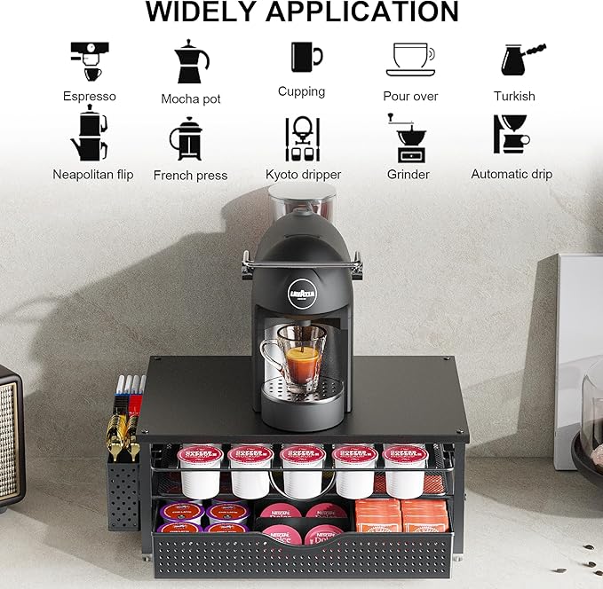 K Cup Holder, Coffee Pod Holder with 2 Tier Sliding Storage Drawer and 1 Hanging Basket for 51 Large or 73 Small Capsule,K Cup Coffee Station Organizer Accessories for Counter,Home,Office,Kitchen