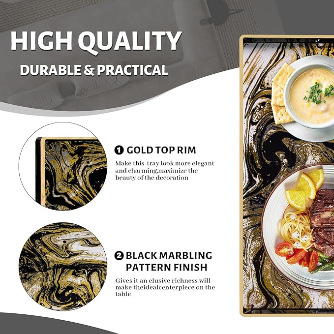 MAONAME Black Decorative Tray with Handles, Plastic Serving Tray for Coffee Table, Marbling Rectangular Tray for Ottoman, Bathroom, Storage, 15.7" Lx 10.2" W X 1.57" H