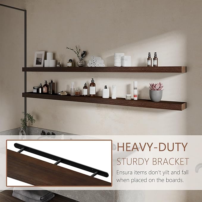 72 inch Long Floating Shelves for Wall,Solid Wood Long Wall Shelves Set of 2,Walnut Wooden Mounted Shelf,Bookshelf Bathroom Shelves (Walnut, 72 Inch)