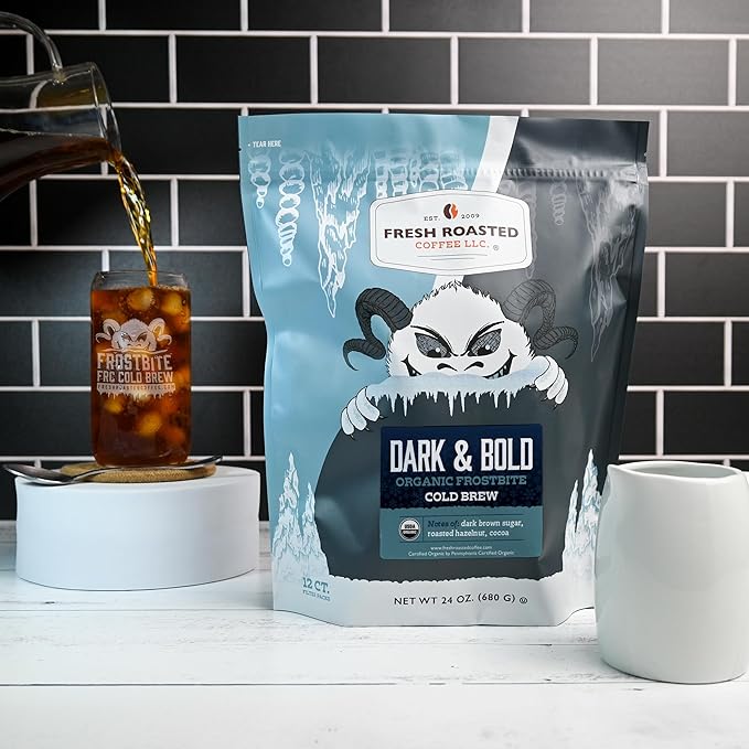 Fresh Roasted Coffee, Organic Dark & Bold Frostbite Cold Brew Coffee Filter Packs | USDA, Kosher | Dark Roast, 12 Count, 24 oz