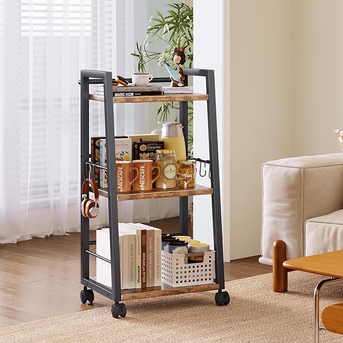 3 Tier Kitchen Storage Cart with Lockable Wheels & 6 Hooks, Mobile Utility Organizer Rolling Cart for Small Spaces, Bar Cart for Kitchen and Living Room, Rustic Brown
