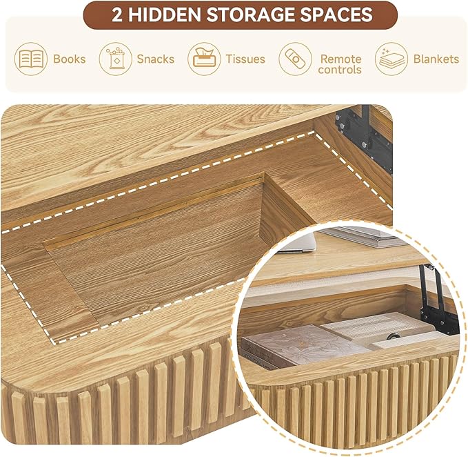 SZTHHDF Lift Top Coffee Table for Living Room,Rectangle Handmade Solid Wood Strips, Fluted Coffee Table with Hidden Storage Compartment Small Space Office Apartment (38.6" L×26.8''W×13.8''H-Natural)