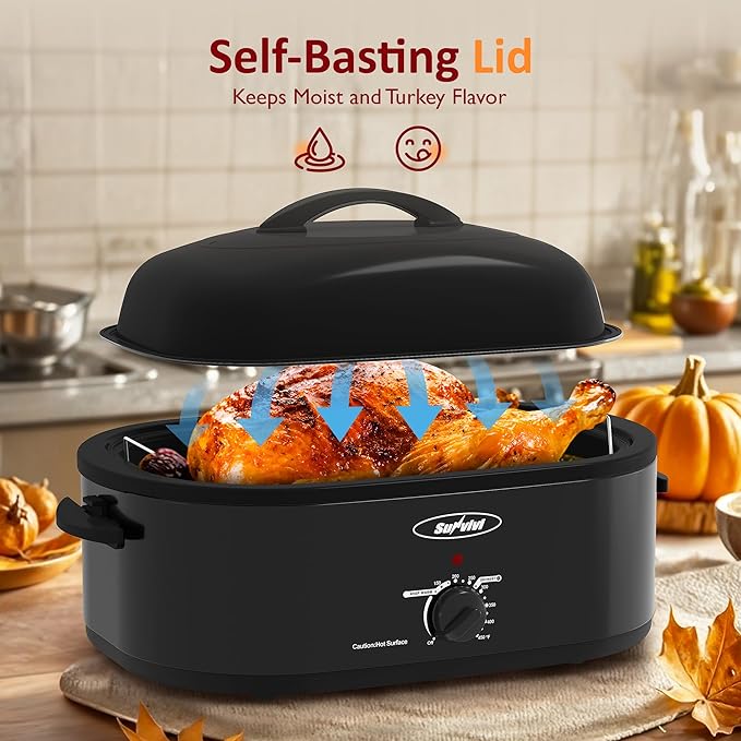 Sunvivi Electric Roaster,18 Quart Roasting Oven with Self-Basting Lid Removable Pan,Turkey Roaster Oven with 150 to 450F Temperature Control Cool-Touch Handles,Black