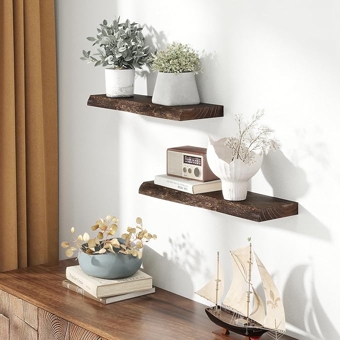 24 Inch Live Edge Floating Shelves for Wall 2 Pack Shelves for Bedroom, Bathroom, Kitchen, Wall Mounted Rustic Solid Elm Wood Floating Shelf with Invisible Bracket for Books, Decor, Storage, Walnut