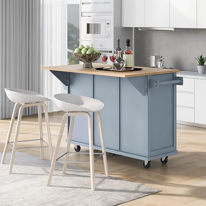 Rolling Kitchen Island with 2 Bar Stools, Drop Leaf, Cabinet Door Storage Racks & 3 Drawers, Mobile Kitchen Cart with Rubberwood Top & Locking Wheels for Dining Room & Kitchen, 53-Inch, Grey Blue