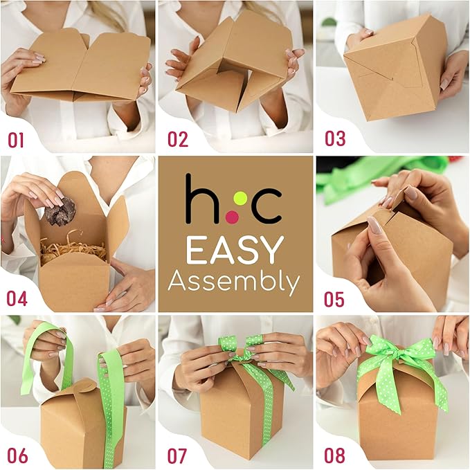 Brown Kraft Cookie Boxes with Lids & Ribbons (20 Pack) 6x5x5 Tall Square Gift Boxes for Mugs, Small Presents, Candles, Baked Goods, Candy, Fudge, Christmas, Decorative Food Packaging, Bulk, Empty