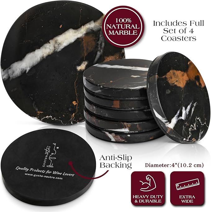 Gusto Nostro Black Marble Coasters Set of 4 - Luxury Natural Stone Coasters for Drinks - Genuine Marble Kitchen Accessories, Round Artisanal Stone Coaster for Kitchen Counter, Coffee Table, Home Decor