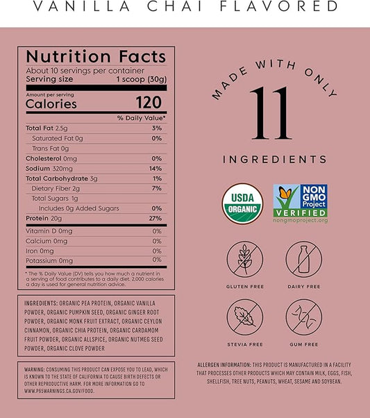 Truvani Vegan Pea Protein Powder | Vanilla Chai | 20g Organic Plant Based Protein | 10 Servings | Keto | Gluten & Dairy Free | Low Carb | No Added Sugar