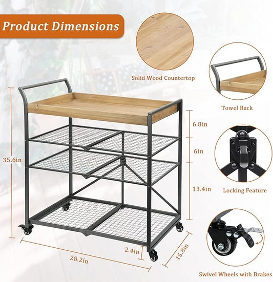 Vipush Kitchen Serving Cart, 4-Tier Kitchen Utility Cart on Wheels with Storage for Living Room, Wood Look Accent Furniture with Metal