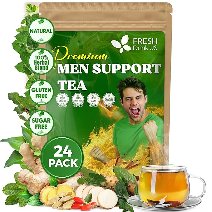 FreshDrinkUS, 24 Packs of Premium Herbal Support Tea – Ginseng Six Treasure Blend, 9 Powerful Ingredients, 10g/Bag – Men's Wellness Tea with Ginseng and Five Treasure Aid Root.