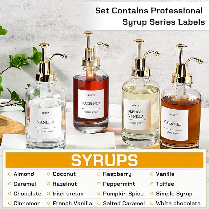 MHDCLY Coffee Bar Accessories, Coffee Syrup Dispenser - 4pack,16.9oz Syrup Dispenser with Labels,Syrup Pump Dispenser for Coffee Bar(Gold Pump)