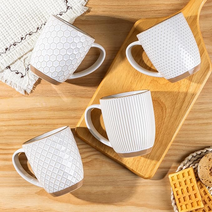 GBhome Large Coffee Mugs Set of 4, 16oz Handmade Embossed Coffee Mugs Set with Large Handle for Cappuccino/Latte/Tea/Hot Cocoa, Dishwasher & Microwave Safe, Off White