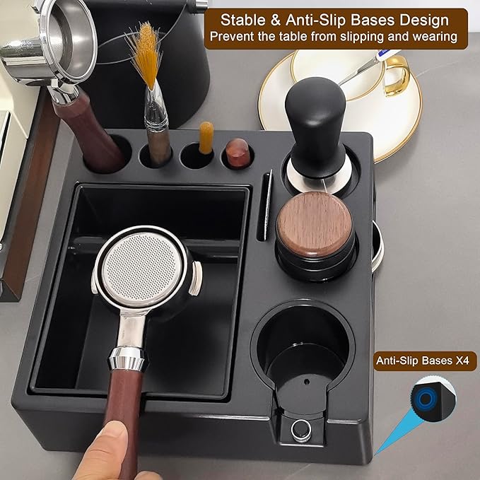 Espresso Tamping Station And Knock Box,ALL in 1 Espresso Organizer Station,Multifunctional Tamper Station Fit for 51/54/ 58mm Espresso Accessories,Removable Knock Box Espresso Station (Black, 51-58mm)
