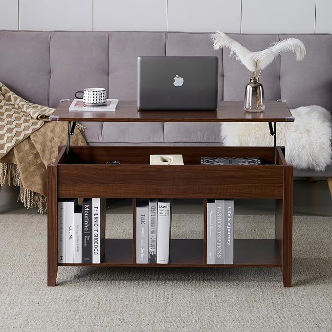 VINGLI Farmhouse Lift Top Coffee Table, Coffee Tables for Living Room with Storage Shelf/Hidden Compartment, Mesa De Centro para Sala, Rustic Brown