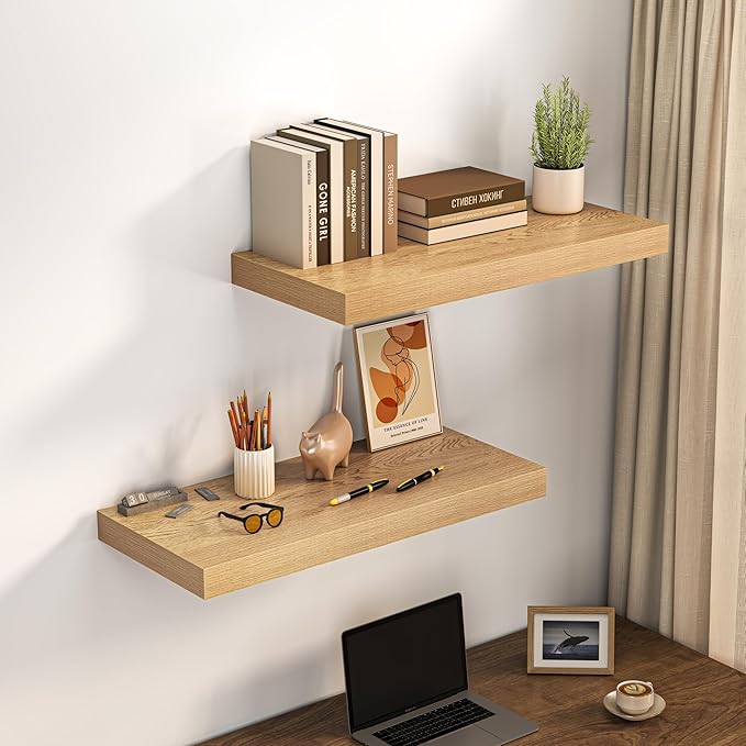 Dreamland 32" Floating Shelves for Wall, 12" Deep Thicker Oak Floating Shelves, Wall-Mounted Shelves for Bedroom, Living Room, Kitchen, Bathroom - Set of 2