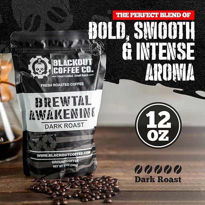 Blackout Coffee Brewtal Awakening Whole Bean Coffee – Dark Roast, High Caffeine, Bold & Strong – Freshly Roasted 12oz Bag