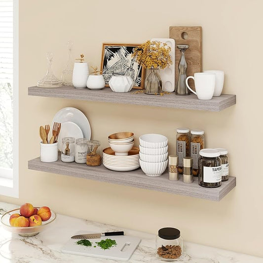 40 Inch Floating Shelves, 9.3" Deep Floating Shelf Wall Mounted, 40" Wall Shelves, Rustic Deep Bookshelf, Large Display Shelves & Storage Shelves for Bedroom, Living Room, Gray, Set of 2