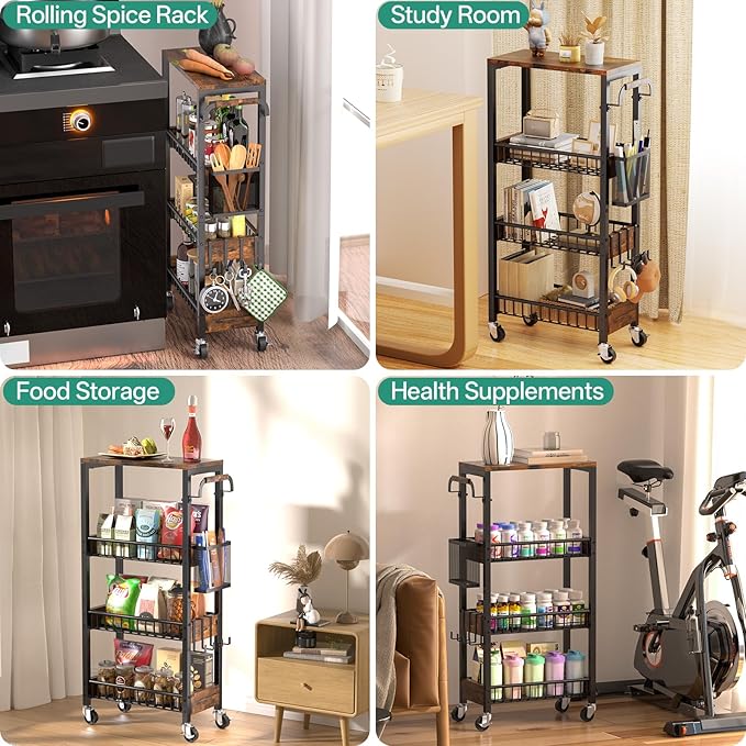 Slim Rolling Storage Cart, 4 Tier Small Organizer Cart with Wheels, Metal Utility Shelf Kitchen Bathroom Laundry Room Organization Trolley with Handle for Narrow Space (9.1" Overall Width)