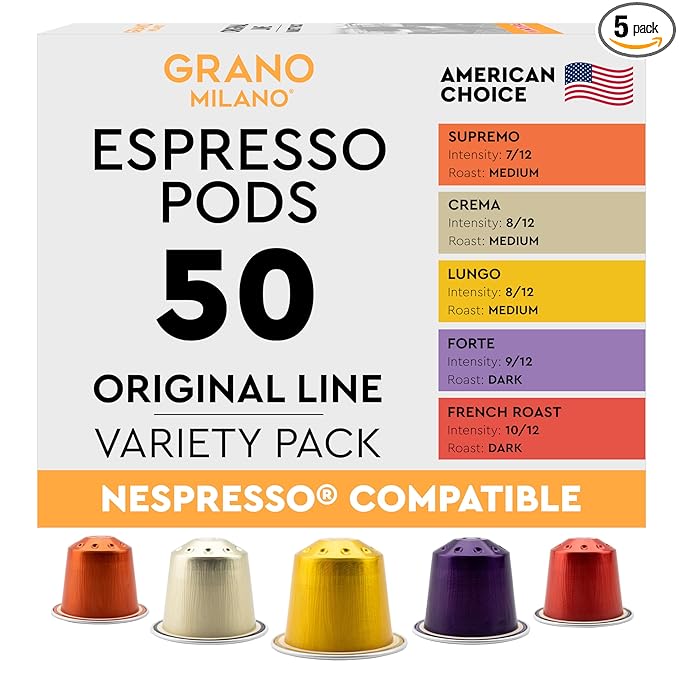 New Grano Milano Variety Pack Coffee Capsules - 50 Aluminum Coffee Pods Compatible with Nespresso Original line, Medium & Dark Roast, Made in Italy