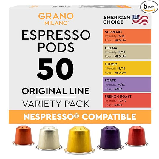New Grano Milano Variety Pack Coffee Capsules - 50 Aluminum Coffee Pods Compatible with Nespresso Original line, Medium & Dark Roast, Made in Italy