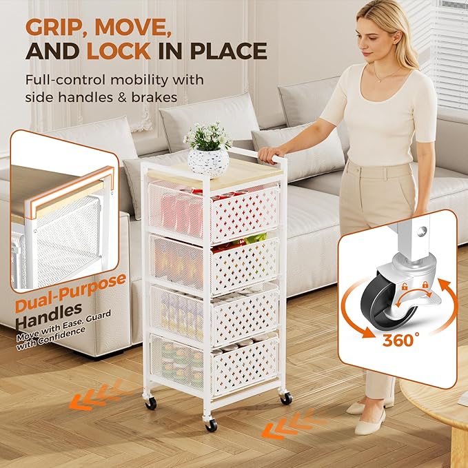 5 Tier Kitchen Storage Cart with Wheels, Utility Fruit Vegetable Storage Rack Stand with Pull-Out Baskets & Wood Top, Metal 4-Drawers Rolling Snack Cart, Kitchen Cart for Potato Onion(White)