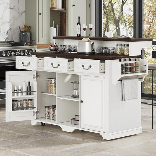 Rolling Kitchen Island with Two-Tier Bar Counter and Power Outlets, 3 Drawers & 4 Door Shelves, Mobile Kitchen Cart with Storage Cabinets & Locking Wheels for Dining Room & Kitchen, 53-Inch, White