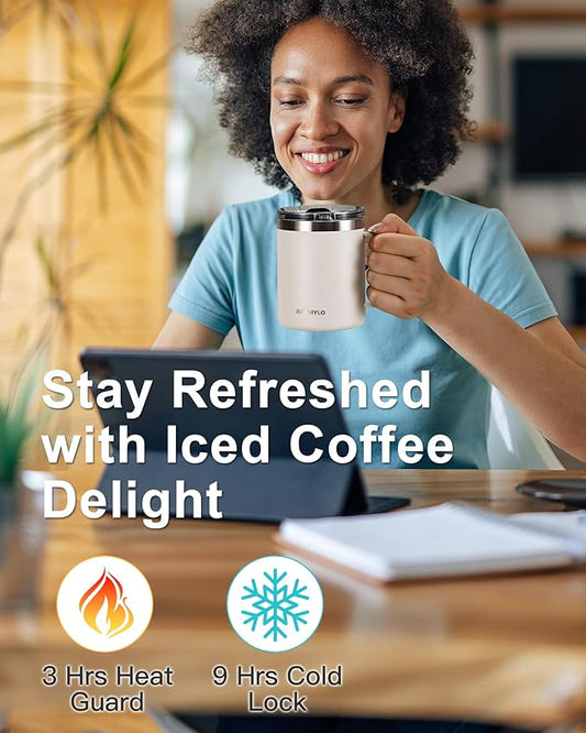 Insulated Coffee Mug 12 oz, Double Wall Stainless Steel Coffee Mug with Lids, Leak-Proof & Detachable Slider Lid for Thorough Clean, Keeps Coffee Cold for 9 Hrs, Suitable for Camp Home Office