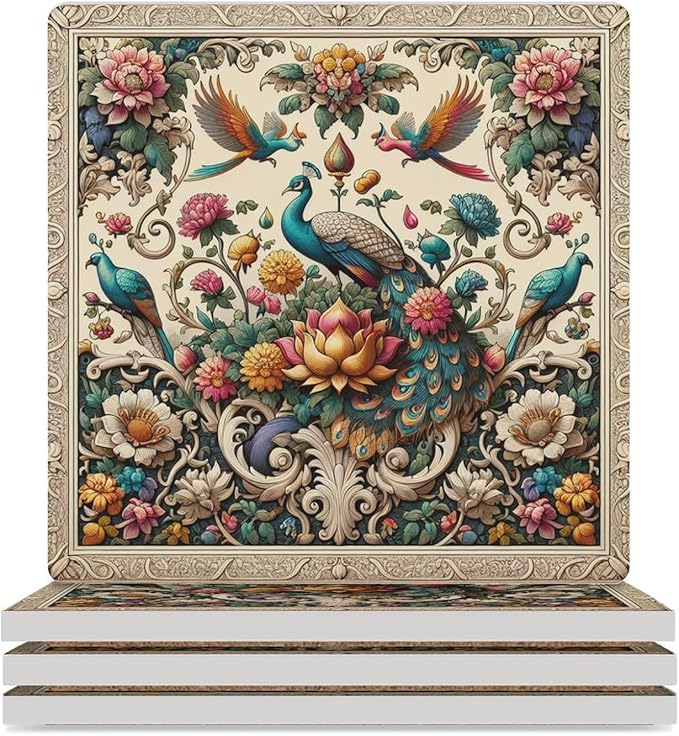 Square-4PCS Peacock Ceramic Coasters, Square Absorbent Drink Coasters, Beautiful Plant Colorful Floral Peacock Boho Art Ceramic Table Coasters for Coffee, Beverage, Wine, Beer Coasters