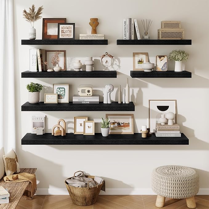 Fun Memories 24 Inch Floating Shelves Wall-Mounted, 12 Inch Deep Wall Shelves, 24 x 12 Floating Shelf, Deep Storage Shelf for Living Room Bathroom Bedroom, Black, Set of 2