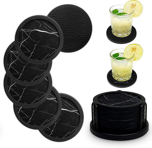 Set of 6 Non-Slip Silicone Coasters with Holder, Double-Sided Absorbent for Hot/Cold Drinks, Scratch & Water Ring Protection for Wood Tables, Home Office Bar, Black Gold Marble (Black White Pattern)