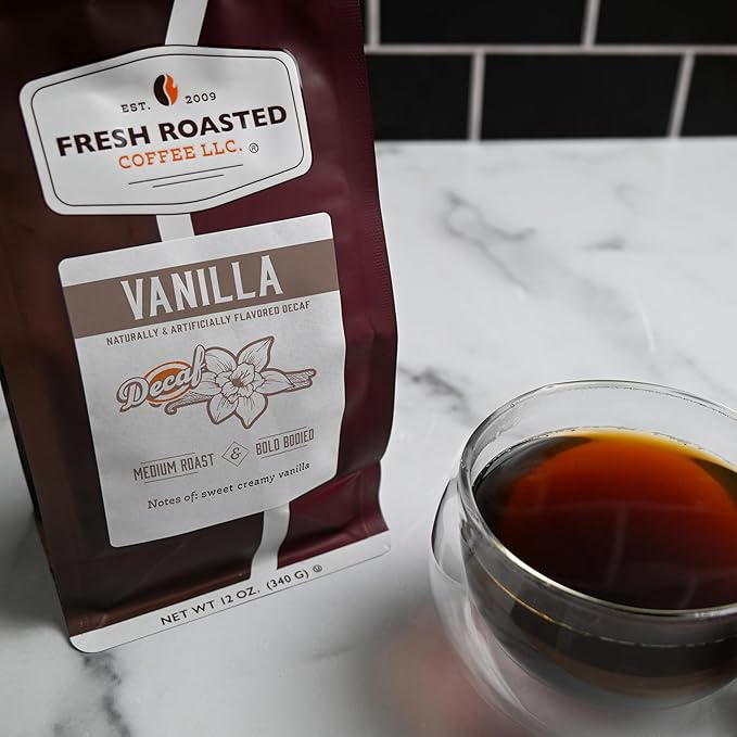 Fresh Roasted Coffee, Decaf French Vanilla Flavored Coffee, 12 oz, Medium Roast, Kosher, Whole Bean