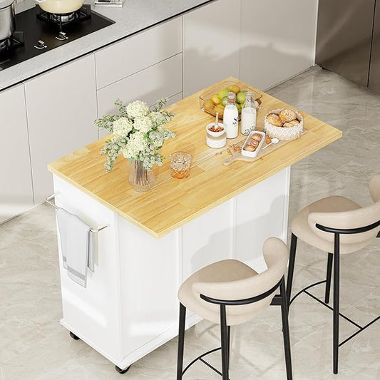 Shintenchi Kitchen Island with Storage, Bar Cart Cabinet Island Table on Wheels, Rolling Microwave Cart for Kitchen with Drop Leaf, Drawers, Towel Rack, Seating Area for Dining Room, White