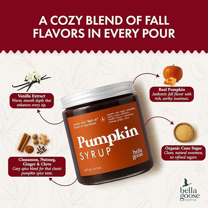 Bella Goose Pumpkin Spice Coffee Syrup Jar (16oz) - Pure Pumpkin Syrup for Lattes, Matcha, Desserts, & Ice Cream - Clean Ingredients - No Artificial Flavors- Syrups for Coffee Drinks, 32 Servings