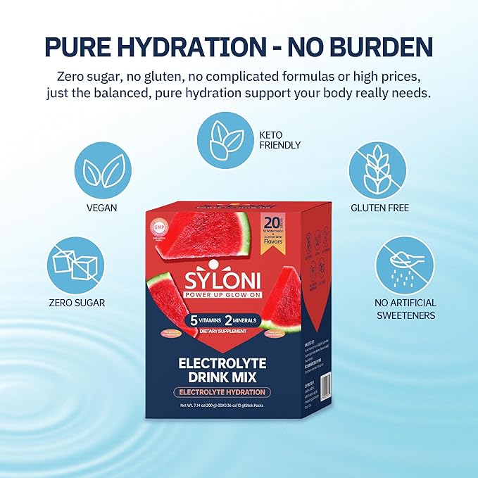 Electrolytes Powder Packets, Watermelon(0.36 oz*20 Sticks), Sugar Free Hydration Packets Electrolyte Drink Mix with 7 Vitamins and Electrolytes, Keto Friendly, Vegan, Gluten Free