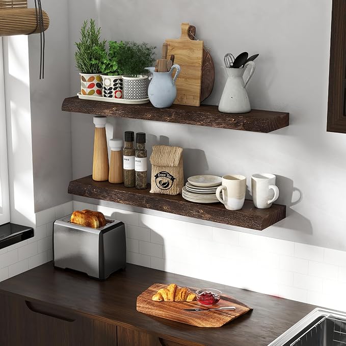 Live Edge Elm Wood Floating Shelves, 36 Inch Long Wall Shelves 2 Pack Shelf for Farmhouse Bedroom Bathroom Kitchen, Wall Mounted Wooden Shelf with Invisible Bracket for Books Decor, Walnut