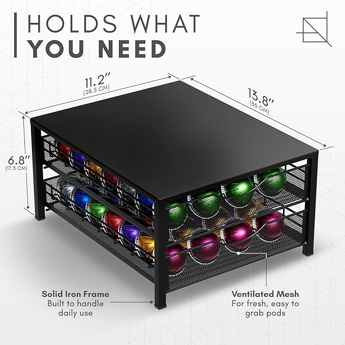 Coffee Pod Holders Drawer - 2 Tier K-Cup Holder Drawer with 56 Pod Cap, Kcup Storage Nonslip Rubber Mat - Dual Sliding K Cup Organizer, Coffee Station Organizer for Countertop Home Office