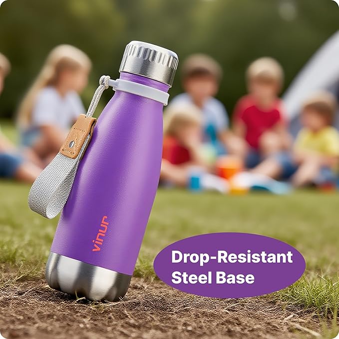 VINUR 9 oz Small Water Bottle for Kids-Stainless Steel Vacuum Insulated Water Bottle for School-Cola Shape Leak Proof Flask with Carry Rope, Purple