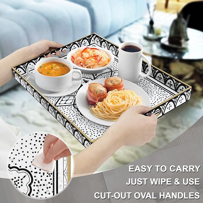 MAONAME Plastic Serving Tray with Handles, Modern Black Tray for Coffee Table, Rectangular Trays with Flower Pattern, Decorative Trays for Ottoman, 15.8" Lx 11.8" W X 1.6" H