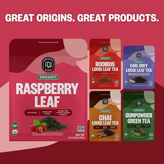 FGO Organic Red Raspberry Loose Leaf Herbal Tea, Cut and Sifted, Caffeine Free, 16oz Bulk Resealable Pouch, Packaging May Vary (Pack of 1)