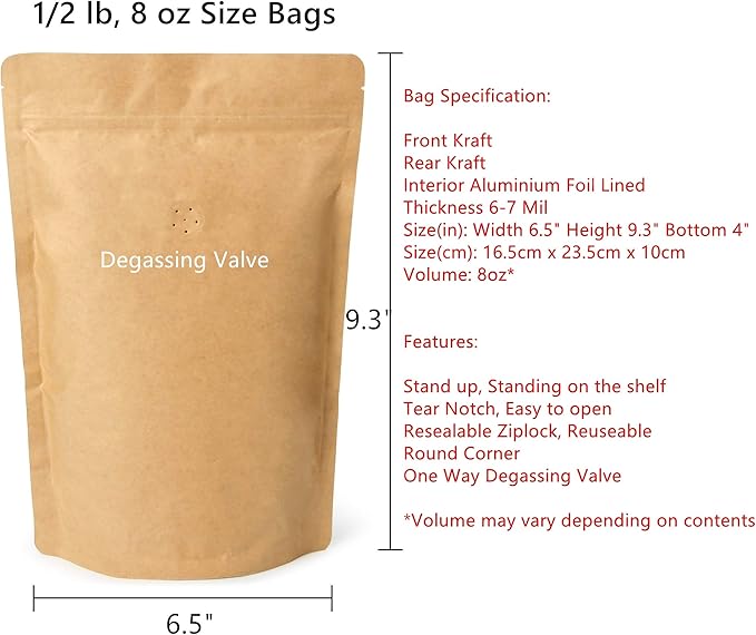 8oz Coffee Bags 100 Pieces - High Barrier Natural Kraft Paper Stand up Ziplock Pouches Bags with Valve & Zipper (100 Pcs, 8 Ounce/0.5 lb/224-250 gram)