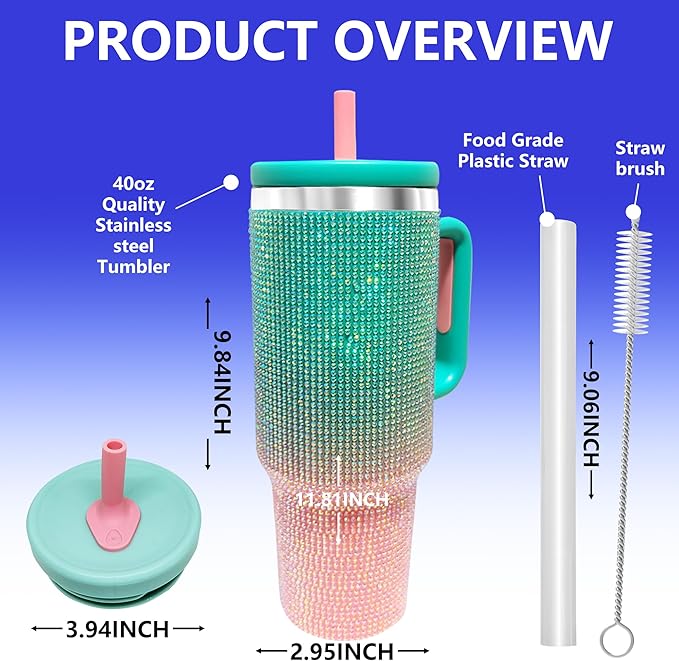 40-OZ Insulated Water Bottle,Insulated Stainless Steel Tumbler,Reusable Cold Drink Thermos,BPA-Free, Double-Wall Stainless Steel Water Bottle (Aqua Pink - Diamond, 40, Fluid Ounces, 40, Fluid Ounces)