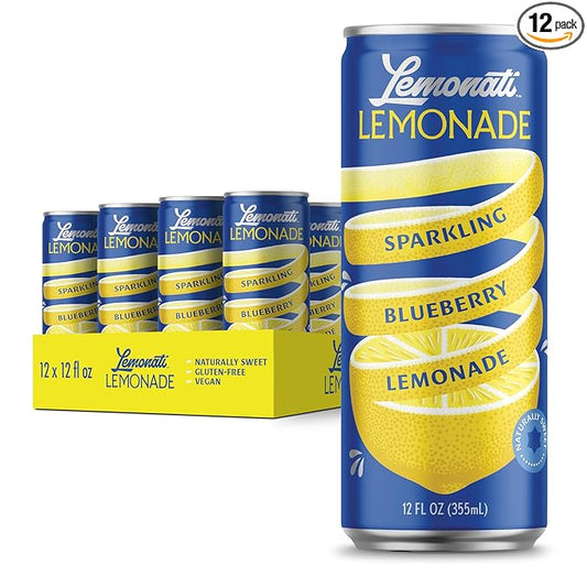 Lemonati Sparkling Lemonade, No Artificial Sweeteners or Flavoring, Gluten-Free, Kosher, Non-GMO, Vegan, 12 Fl Oz Slim Cans, Pack of 12, Blueberry Lemonade