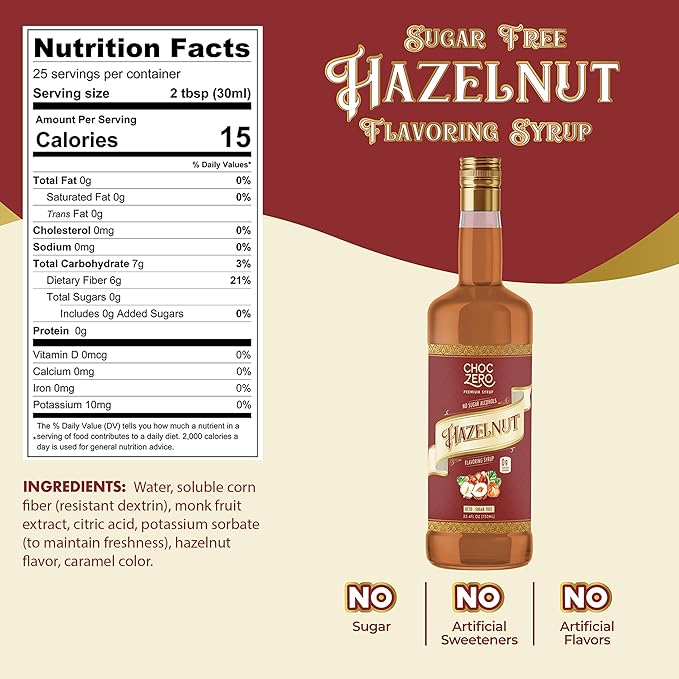 ChocZero Sugar Free Hazelnut Syrup for Coffee - Keto Flavoring Syrups - Low Calorie Simple Syrup for Flavored Drinks – 26.5 Ounces