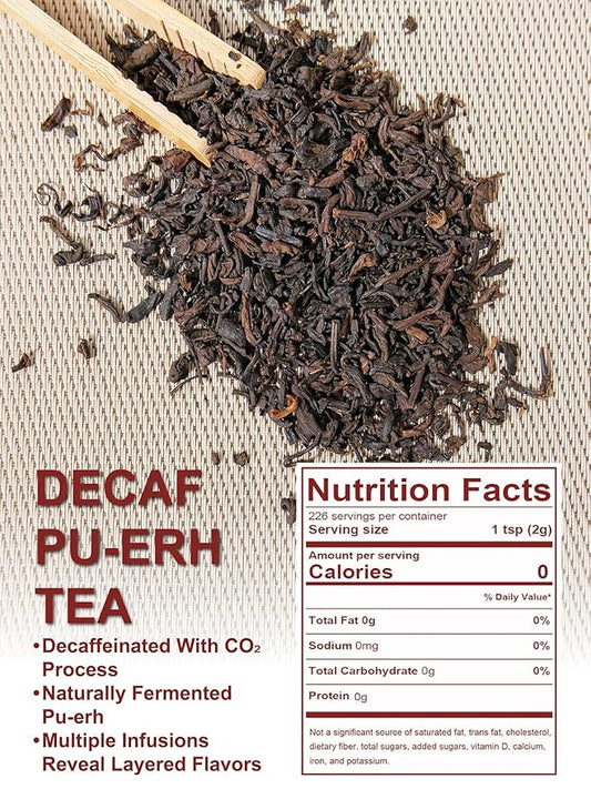 TeeLux Decaf Pu erh Tea Loose Leaf, Naturally Aged Yunnan Decaffeinated Ripe Pu erh Tea, Smooth & Mellow Flavor, 16oz
