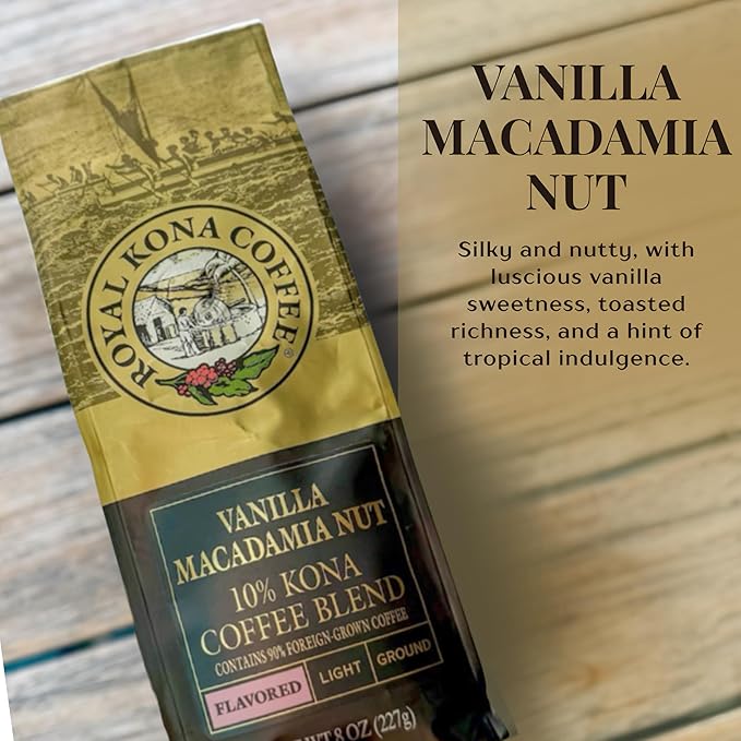 ROYAL KONA COFFEE - Medium Roast Ground Coffee, Vanilla Macadamia Flavor, 8 Ounce