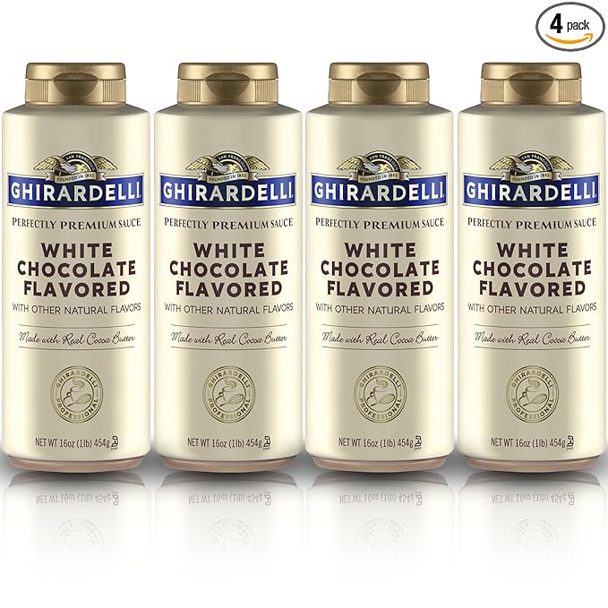 Ghirardelli White Chocolate Flavored Sauce Squeeze Bottles | 16 oz (Pack of 4) | Smooth Creamy White Chocolate Dessert Topping for Coffee, Ice Cream, and Baking